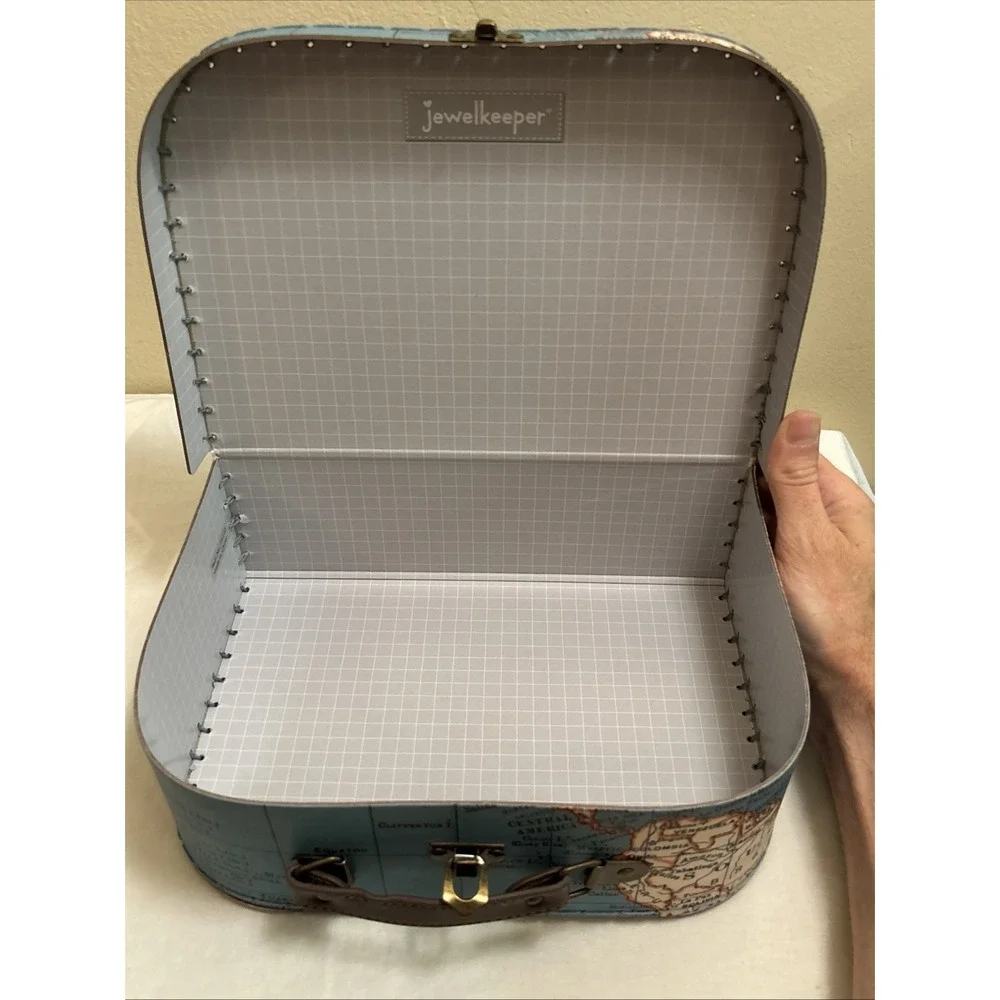 Jewelkeeper Set of 2 Paperboard Suitcase Storage Box World Map Travel Theme Blue